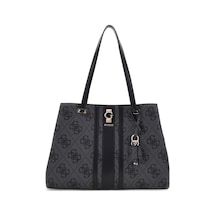Guess Kadın Şerit Detaylı Monogram Desenli Tote Çanta - Antrasit Antrasit