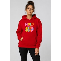 Herkesemoda Hold Good Baskılı Kapüşonlu 2 İplik Şardonlu Sweatshirt Kırmızı