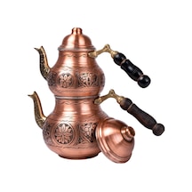 Dmt Gaziantep Bakır Çaydanlık Takımı Ağır İşlemeli Alt:12 Cm Üst:9cm Toplam:1,5lt Ahşap Kulp Bakır