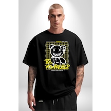 Kendin Ol Pamuklu Bisiklet Yaka Unisex Oversize Boyfriend Dijital Baskılı Siyah T-shirt Siyah