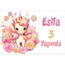 Pembe Unicorn Temalı Doğum Günü Afişi -5 100x150 Cm