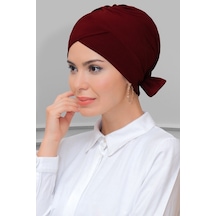 Hürrem Bone Bordo Pratik Hazır Geçmeli Tesettür Bone Sandy Kumaş Fiyonklu Çif Bordo