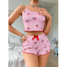 Kadın Pembe Kiraz Desenli Askılı Şortlu Pijama Takım 5044 Pembe