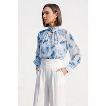 Sateen Çiçek Desenli Bluz - Mavi-137402