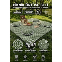 Piknik Örtüsü Seti Su Geçirmez Minderli Ponponlu Leke Tutmaz Kamp Örtüsü Yeşil Çiçekli 170x170cm Çok Renkli