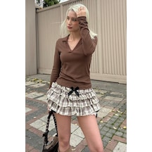 Madmext Acı Kahve Polo Yaka Fitilli Kadın Body Mg2566 Acı Kahverengi