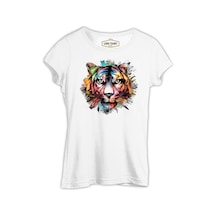 Colorful Tiger Head Beyaz Kadın Tshirt 001