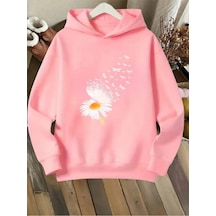 Kışlık Kapüşonlu Sweatshirt, Çocuk Papatya Kelebek Baskılı Pembe
