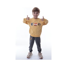 Erkek Çocuk Hayvan Figürlü Sarı Sweatshirt Ve Gri Eşofman Takımı Yumuşak Kumaş, Rahat Kalıp Takım Sarı