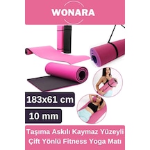 Pratik Taşıma Askılı Kaymaz Yüzeyli Çift Yönlü Fitness Yoga Matı Kamp Çadır Spor Minderi 183x61 Cm Pembe