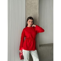 Trend Paris Bisiklet Yaka Yan Yırtmaçlı Bağcıklı Tunik Kırmızı