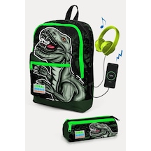 Coral High Koyu Yeşil Siyah Dinazor Desenli Usb'li 2'li Okul Çanta Seti - Erkek Çocuk