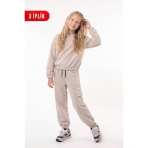Fyk Kids 3 İplik Kız Çocuk Düz Kısa Bel Sweatshirt Bisiklet Yaka Eşofman Takımı Bej