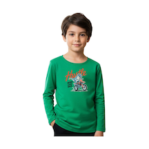Panios Kids Düz Yuvarlak Yaka Hustle Dino Baskı Detaylı Erkek Çocuk Sweatshirt Yeşil