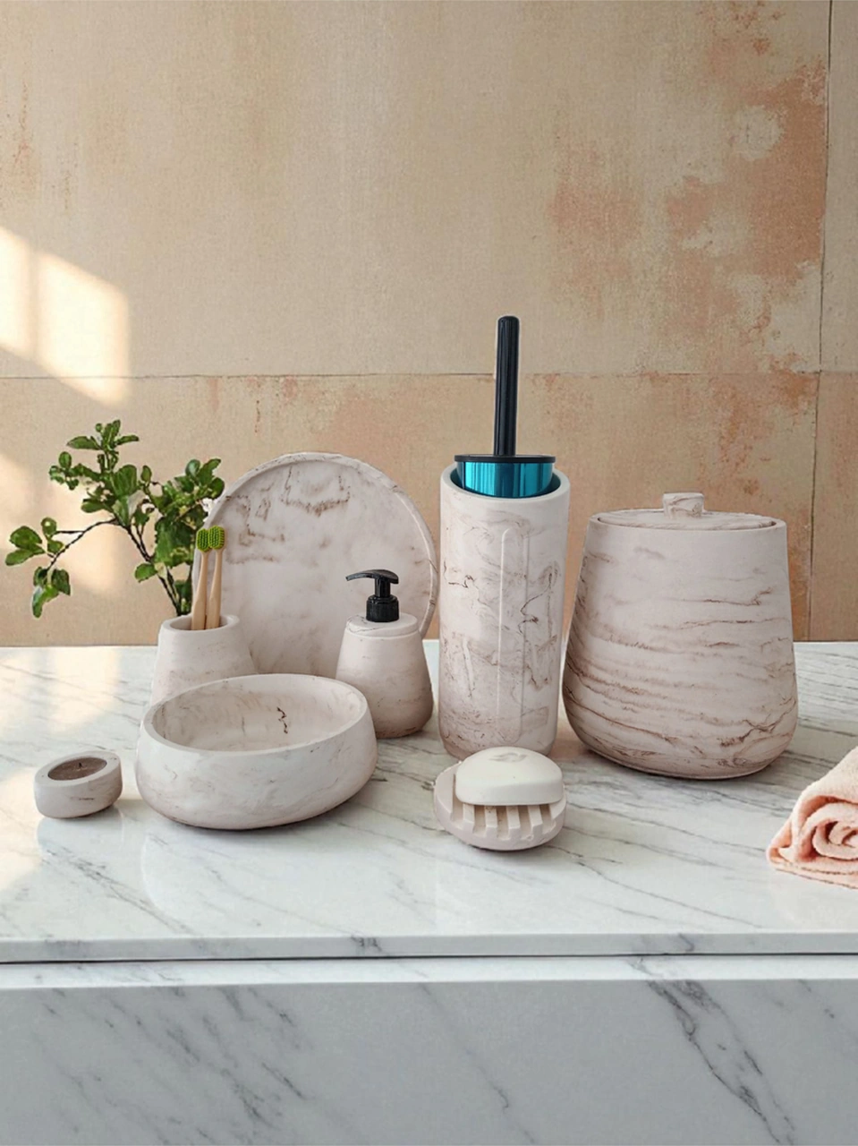 Mermer Desen Beton Banyo Seti,tuvalet Wc,çöp Kovası,katı,sıvı Sabunluk,tepsi,dekorasyon,aksesuar Gri