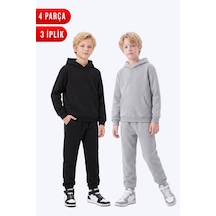 Panios Kids 2'li Düz 3 İplik Kışlık Kanguru Cepli Kapüşonlu Erkek Çocuk Eşofman Takımı Siyah-gri