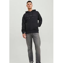 Jack & Jones Kabartma Baskılı Kapüşonlu Sweatshirt - Star 12233972 Black Koyu Siyah