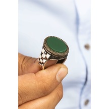 Oval Yeşil Akik Taşlı Kordon Motifli Gümüş Erkek Yüzük -8461 Gümüş