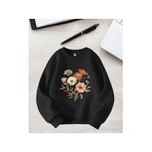 Herkesemoda Çiçek Demeti Baskı Detaylı Bisiklet Yaka İçi Polarlı Sweatshirt Siyah
