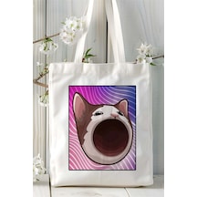 Art Hediye Popcat Baskılı Bez Çanta Omuz Çantası Kişiye Özel Desen 3 Çok Renkli