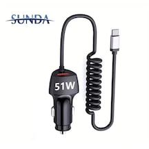 Sundaree 51w Karbon Fiber Yaylı Şarj Kablolu 2 Girişli Type-c Ve Usb Hızlı Ce Lisanslı Sertifkalı inal Sağlam Araç Şarjı Siyah