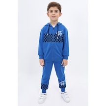 Toontoy Kids Toontoy Erkek Çocuk 2'li Takım Baskılı Kapüşonlu Fermuarlı Bağcılıklı Sweatshirt & Beli Paçası Lastikli Jogger Eşofman Altı 22918 Saks Mavisi
