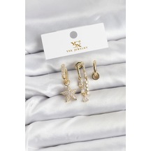 Pirinç Gold Renk Zirkon Taşlı Yıldız Vintage Model Ysx Trio Küpe Seti Çok Renkli