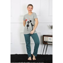 İbrahim Burak Etiler Collectıon Moda Çizgi Kadın Kısa Kol Penye Pijama Takımı 4210 SU YEŞİLİ