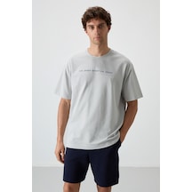Air Jones Tommy Life Taş Pamuklu Kalın Yüzeyi Dokulu Oversize Fit Baskılı Erkek T-shirt - 88371 Taş