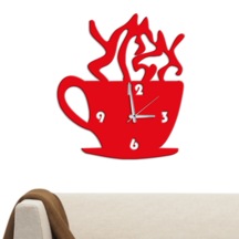Kahve Fincan Desenli Kırmızı Dekoratif Duvar Saati