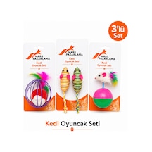3 Lü Kedi Oyuncak Seti Toplu, Fareli Ve Tüylü Renkli Kedi Oyuncağı