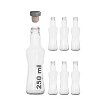 250 Ml Şeffaf İnce Belli Kapaklı Cam Şişe 250 Cc Meşrubat Şişesi 6 Adet Sentetik Tıpa Çok Renkli