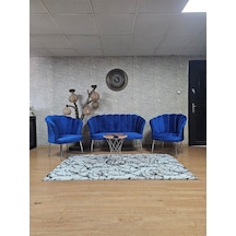 Zafir Papatya Çay Seti Koltuk Takımı Krom Sivriltme Ayak, Balkon, Salon, Ofis, Cafe Koltuk Takımı Mavi