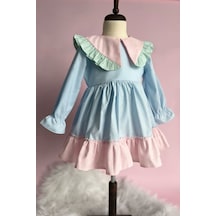 Fırfır Detaylı Çok Renkli Bebe Mavi Kız Çocuk Bebek Pamuk Tasarım Elbise 001