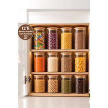 Porsima 2-4 Bambu Vakumlu Kapaklı Yuvarlak Cam 12li Kavanoz Seti Saklama Kabı 1300ml 10x20cm