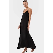 Ersefa Şık V Yaka Kolsuz Maxi Elbise 130cm Boy Polyester Dokuma Rahat Se Siyah