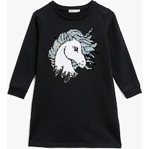 Koton Unicorn Çift Taraflı Pullu Uzun Kollu Sweatshirt Kumaşından Orta Boy Elbise Siyah 0ykg17886ok