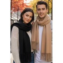 Tezzgelsin Unisex Yumuşak Dokulu Püsküllü Kışlık Buklet Atkı Şal 2'li Set Siyah - Bej