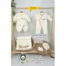 Gros Shop Müslin Yeni Doğan 4katlı Organik %100pamuk Kişiye Özgü Nakışlı Hastane Çıkış Seti Kalpli Model-6 Ekru