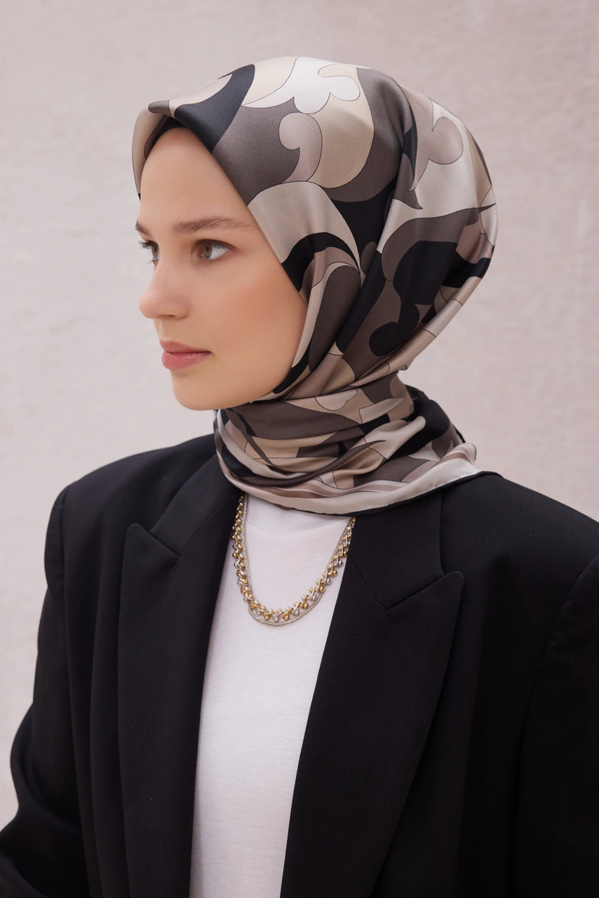 BELLİ Geometrik Desen İpek Twill Eşarp 4213d01 Vizon