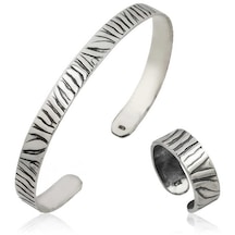 925 Ayar Gümüş Zebra Desenli Bileklik Ve Yüzük Set