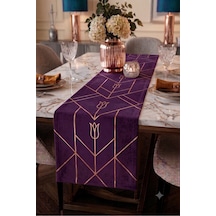 Premium Masa Runner Dijital Baskılı Geometrik Lale Desenli Dekoratif Salon Mutfak Yemek Masası Runner Örtüsü 45x140 Cm Mor