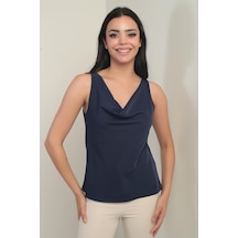 By Saygı Kadın Degaje Yaka Kolsuz Krep Saten Bluz-41063 Lacivert