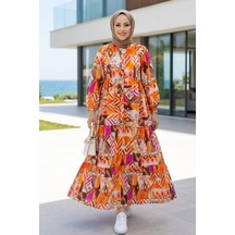 Hb Harma Time Butik Kadın Düğmeli Çiçek Desenli Turuncu Modal Elbise