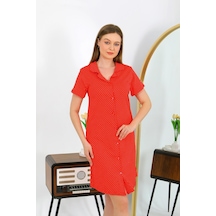 Akbeniz Kadın Pamuk Penye Kısa Kol Düğmeli Kırmızı Tunik Gecelik 13112 Kırmızı