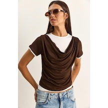 Shade Kadın Çift Kat Görünümlü Degaje Yaka Kısa Kol T-shirt 6140 60286132 - Acı Kahve Acı Kahverengi