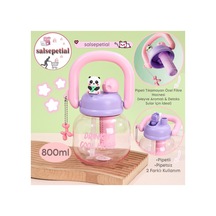 Panda Su Matarası Kawaii Suluk Panda Figürlü Su Şişesi Panda Matara Pipetli Matara Aroma Filtresi Detox Filtreli Charmlı Sevimli Panda Suluk 800ml Pembe