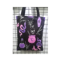 Owl Bag Gotik Cadı Kazanı Mor Desenli Tasarım Kumaş Omuz Çantası Siyah