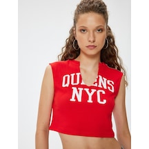 Koton Crop Üst V Yaka Slogan Baskılı Kolsuz Slim Fit Kırmızı 4sal30325ık Kırmızı