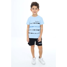 Toontoy Kids Toontoy Erkek Çocuk 2'li Takım Baskılı Bisiklet Yaka Tişört & Beli Lastikli Şort Mavi